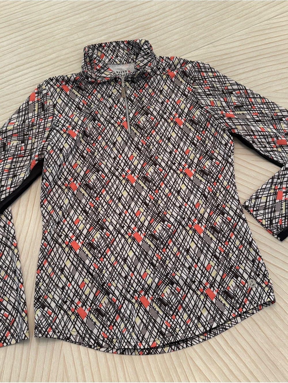Bette & Court Long Sleeve Zip Pullover Top - Coral, Black & White - Small